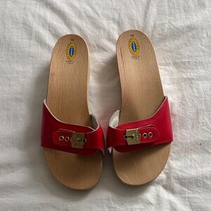 Dr. Scholl's Red Leather Slide Clogs with Gold Buckle